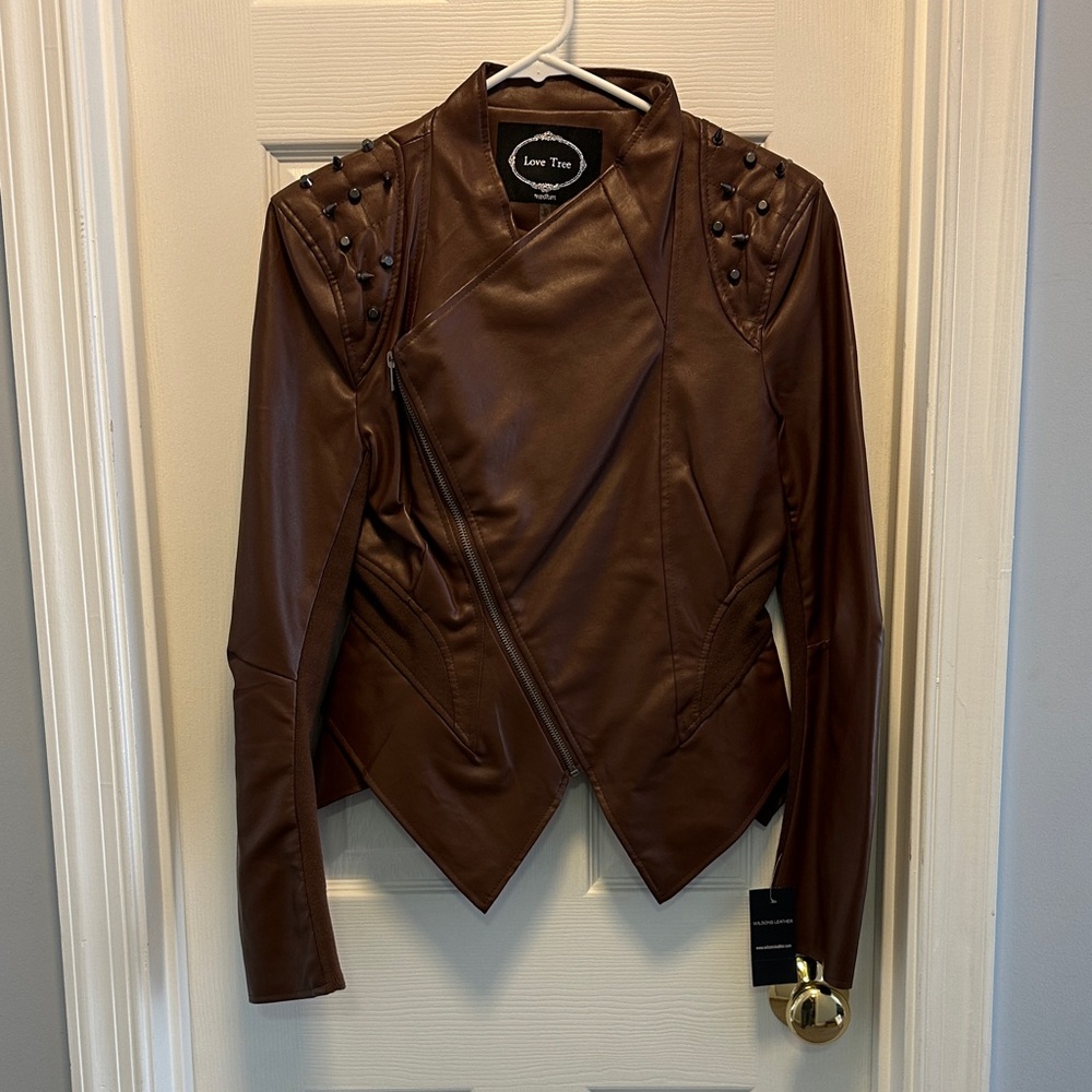 Love Tree Chocolate Leather Jacket with Studded Shoulders